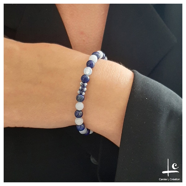 Bracelet "SENSATION" Natural Lapis Lazuli and Rose Quartz, high quality, 6 mm, 925 Silver, Carole L Création - Ateliers d'Art de France -