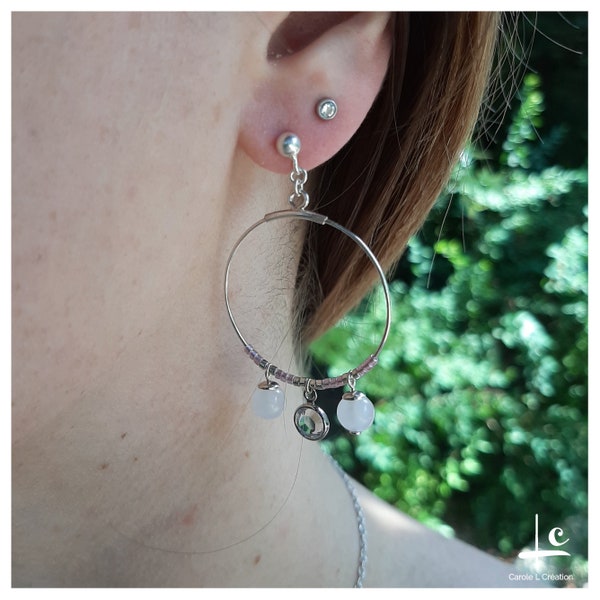 Pink Quartz hoops, high quality natural stone, 925 Silver, Carole L Création, Creator Ateliers Art de France