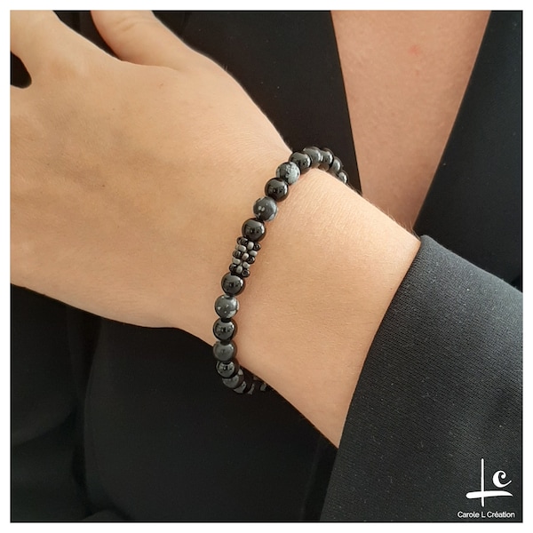 Bracelet "SENSATION" Obsidian snow, high quality natural stones, 6 mm, Silver 925, Carole L Création - Ateliers d'Art de France -