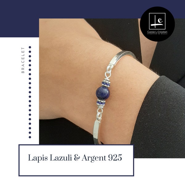 "LYA" Lapis Lazuli bracelet, high quality natural stone, 8 mm, 925 Silver bangle, Carole L Création - Ateliers d'Art de France -