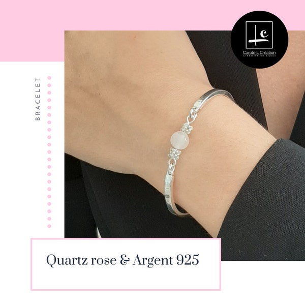 "LYA" Rose Quartz bracelet, high quality natural stone, 8 mm, 925 Silver bangle, Carole L Création, Designer Ateliers d'Art de France