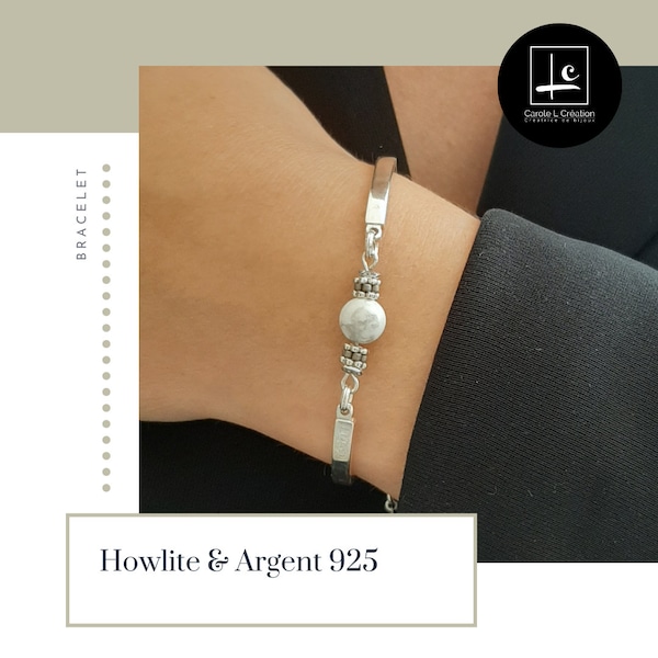 "LYA" Howlite bracelet, high quality natural stone, 8 mm, 925 silver bangle, Carole L Création - Ateliers d'Art de France -