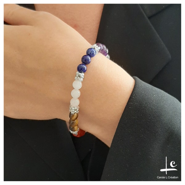 "7 Chakras" bracelet, high quality natural stones, 6 mm, 925 silver, Carole L Création, Creator Ateliers d'Art de France