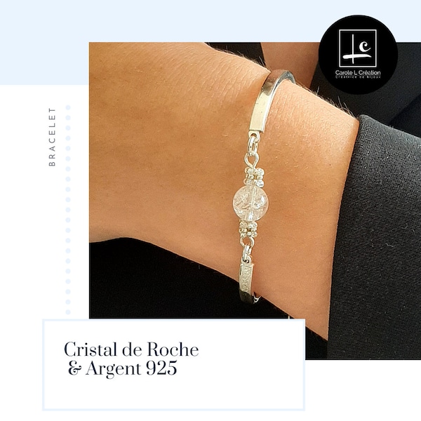 "LYA" Bracelet Rock Crystal, high quality natural stone, 8 mm, 925 Silver bangle, Carole L Création - Ateliers d'Art de France -