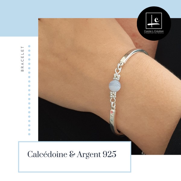 "LYA" bracelet Blue chalcedony, high quality natural stone, 8 mm, 925 silver bangle, Carole L Création - Ateliers d'Art de France -