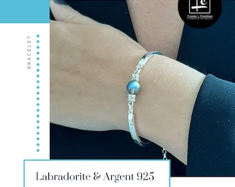 &quot;LYA&quot; Labradorite bracelet, high quality natural stone, 8 mm, 925 Silver bangle, Carole L Création - Ateliers d&#39;Art de France -