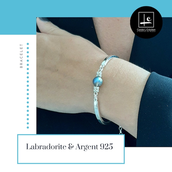 "LYA" Labradorite bracelet, high quality natural stone, 8 mm, 925 Silver bangle, Carole L Création - Ateliers d'Art de France -