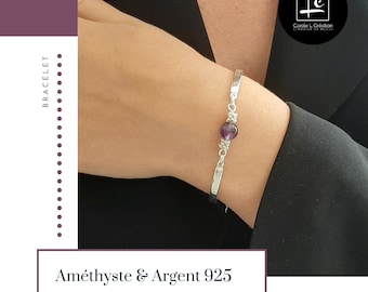 &quot;LYA&quot; Amethyst bracelet, high quality natural stone, 6 mm, 925 silver bangle, Carole L Création - Ateliers d&#39;Art de France -