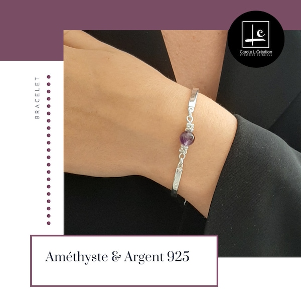 "LYA" Amethyst bracelet, high quality natural stone, 6 mm, 925 silver bangle, Carole L Création - Ateliers d'Art de France -