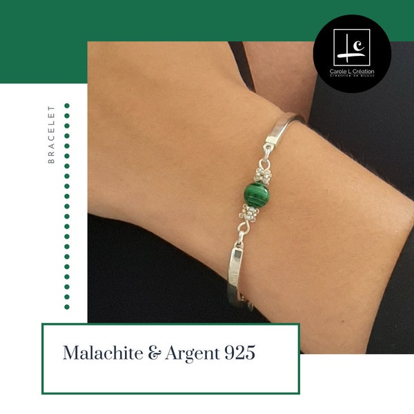 "LYA" Malachite bracelet, high quality natural stone, 8 mm, 925 silver bangle, Carole L Création - Ateliers d'Art de France -