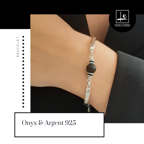 "LYA" bracelet Onyx (Agate) high quality natural stone, 6 mm, 925 silver bangle, Carole L Création - Ateliers d'Art de France -