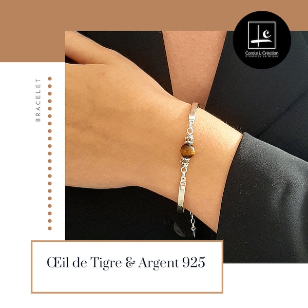 "LYA" Tiger's Eye bracelet, high quality natural stone, 6 mm, 925 Silver bangle, Carole L Création - Ateliers d'Art de France -
