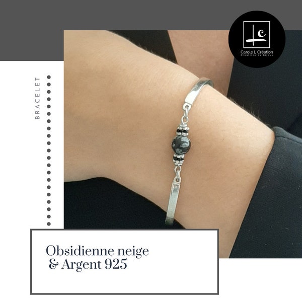 "LYA" bracelet Snow obsidian, high quality stone, 8 mm, 925 silver bangle, Carole L Création - Ateliers d'Art de France -