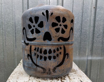 Sugar Skull Halloween pumpkins, Jack o lanterns, Farmhouse, metal lawn art, front porch, garden decoration, yard art, outdoor décor. Gas Can