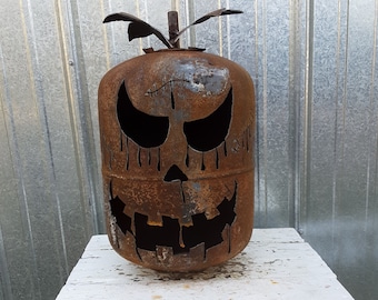 Bloody Mary the Halloween pumpkins, Jack o lanterns, repurposed tank, metal lawn art, front porch, garden decoration, yard art, gas can.