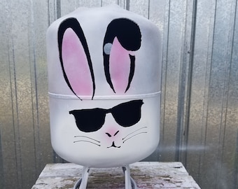 Hopper the rabbit, Easter lantern, vintage Bunny Rabbit tank, Farmhouse, metal lawn art, front porch, yard art, outdoor décor. gas can.