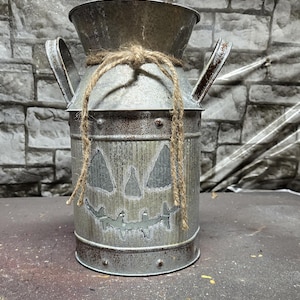 Small Milk Can, Handmade Metal Jack o Lantern Pumpkin Decoration, Recycled Propane Tank Art (Tea Light Included)
