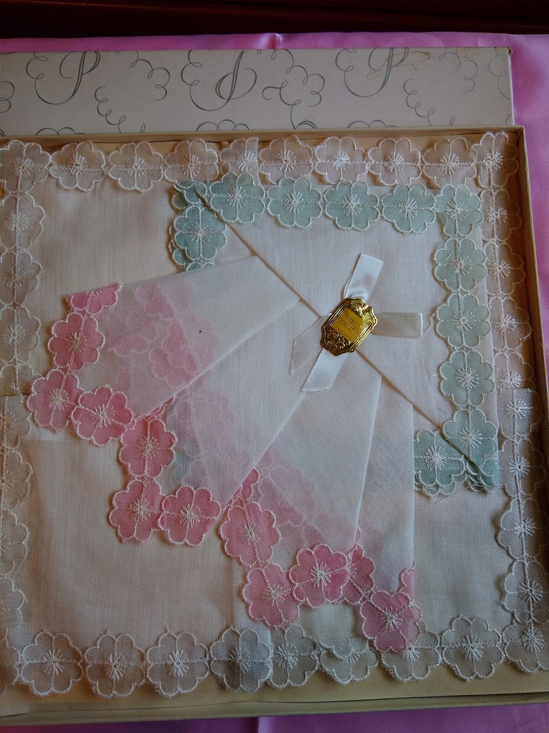 Wedding Tears 3 Pastel Edged Handkerchief in Original Box Free US Shipping