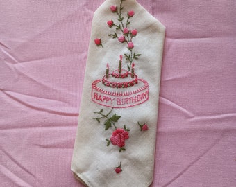 Happy Birthday Handkerchief. Birthday cake, candles, flowers.  Roses. Vintage Hanky. 10.5 inches square.