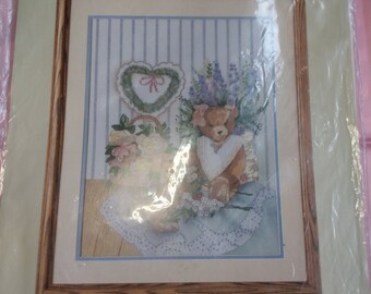 Teddy and Flowers Counted Cross Stitch Kit. 14" x 18" finished size. Complete Unopened Kit. Something Special. Candamar Designs.