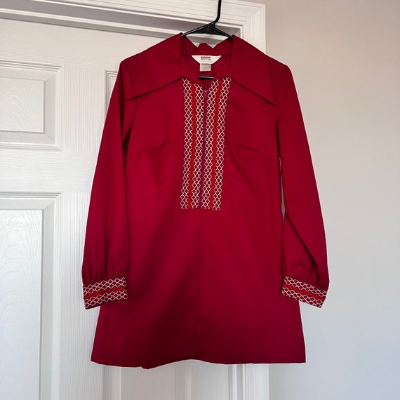 Vintage 70s Red Embroidered Mini Dress - image 1