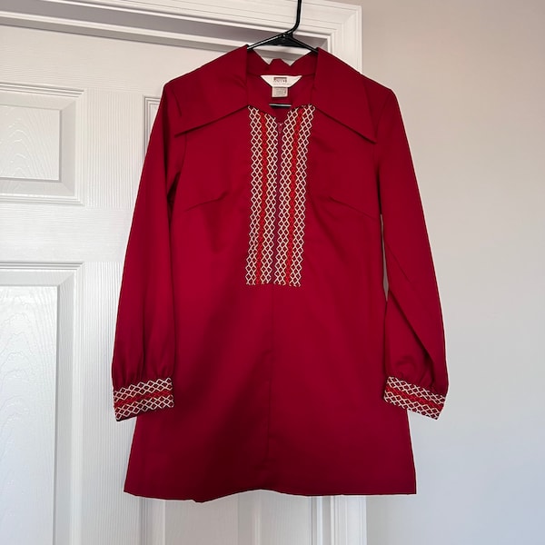 Vintage 70s Red Embroidered Mini Dress