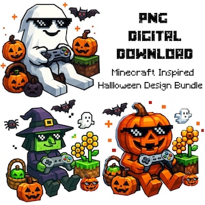 May include: Digital download graphic bundle with Minecraft-inspired Halloween designs. Includes a ghost, witch, and pumpkin characters, all wearing sunglasses and holding game controllers. The image also features pumpkins, bats, and the text "PNG DIGITAL DOWNLOAD".
