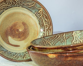 4 Piece set of Handmade Carved Bowls - Salad, Pasta, Rice, Noodle, Snack, Side Dish - Hand carved Craftsman Functional Pottery, Rustic Glaze