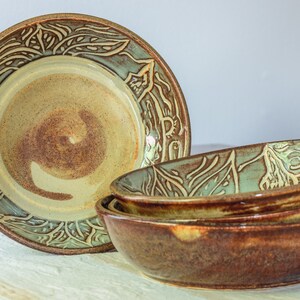 Juego de 4 piezas de cuencos tallados hechos a mano - Ensalada, Pasta, Arroz, Fideos, Bocadillo, Guarnición - Cerámica funcional artesanal tallada a mano, Esmalte rústico