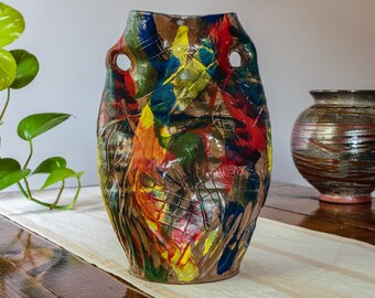 Handmade Ceramic Crazy Wavy Flower Vase #2 - Multicolored, Red, Orange, Blue - Underglaze - Functional Craftsman Pottery - Bouquet Holder