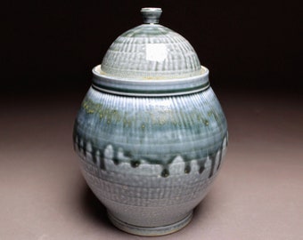 Handmade Porcelain Glossy Blue Jar - Woodash Glaze