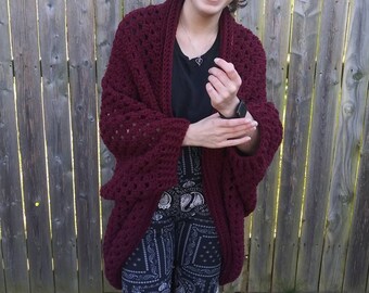 Burgundy Cocoon Cardigan | Crochet Winter Pullover | Soft and Comfy Burgundy Cardigan