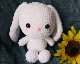 Medium Bunny Plushie with Sparkly Purple Eyes | Velvet Crochet Spring or Easter Rabbit Plush Toy | White Stuffed Animal