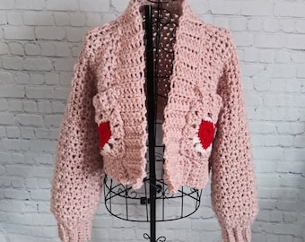 Cropped Heart Pocket Cardigan | Crochet Chunky Pink Sweater with Heart Granny Square Pockets