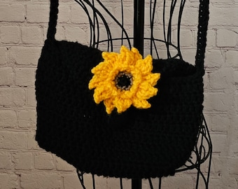 Sunflower Purse | Crochet Black Handbag with Yellow Sunflower | Single Strap Shoulder Bag