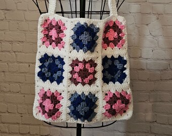 Granny Square Tote Bag | Pink, Blue, and White Crochet Shoulder Bag