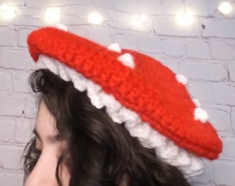Toadstool Beret | Crochet Red Mushroom Hat with Ruffles