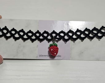 Strawberry Choker | Tatted Black Choker with Mini Crochet Strawberry Charm