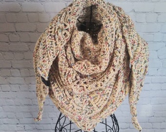 Speckled Scalloped Scarf | Crochet Pink, Blue, Green, Yellow, and Beige Shawl