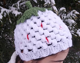 White Strawberry Beanie | Crochet Winter Hat