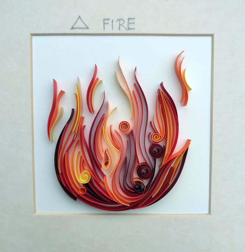 Pode incluir: Uma obra de arte em quilling emoldurada que retrata uma chama estilizada. A obra de arte usa tiras de papel vermelho, laranja e amarelo para criar a forma do fogo. A palavra "FIRE" est&aacute; escrita acima da chama.