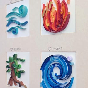 Pode incluir: Obra de arte em papel enrolado que retrata os quatro elementos: ar, fogo, terra e &aacute;gua. Cada elemento &eacute; representado em uma moldura quadrada com um s&iacute;mbolo e o nome do elemento. A obra utiliza tons de azul, vermelho, laranja, verde e marrom.