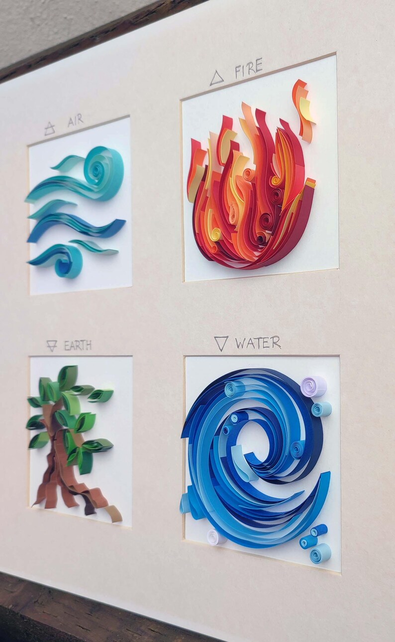 Pode incluir: Obra de arte em papel enrolado que retrata os quatro elementos: ar, fogo, terra e &aacute;gua. Cada elemento &eacute; representado em uma moldura quadrada com um s&iacute;mbolo e o nome do elemento. A obra utiliza tons de azul, vermelho, laranja, verde e marrom.