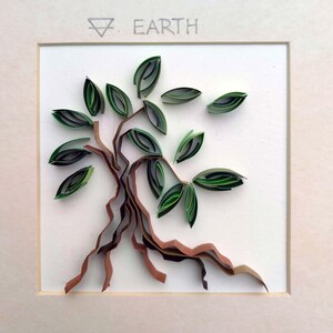 Pode incluir: Uma obra de arte em quilling de papel com uma &aacute;rvore com tronco castanho e folhas verdes. A palavra "EARTH" est&aacute; escrita acima da &aacute;rvore, juntamente com um s&iacute;mbolo. A obra de arte est&aacute; emoldurada em um passe-partout branco.