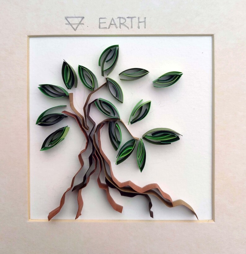 Pode incluir: Uma obra de arte em quilling de papel com uma &aacute;rvore com tronco castanho e folhas verdes. A palavra "EARTH" est&aacute; escrita acima da &aacute;rvore, juntamente com um s&iacute;mbolo. A obra de arte est&aacute; emoldurada em um passe-partout branco.