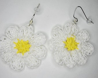 Handmade Crochet Daisy Flower Earrings in White OR Yellow