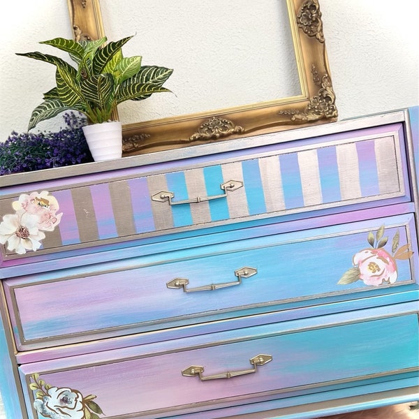 SOLD!! Not for sale                      Pink purple teal and white dresser