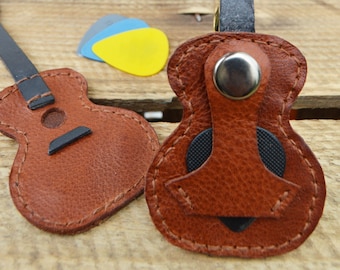 Genuine Leather Guitar  Pick Holder Keyring - Music Lover Gift