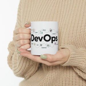 Könnte beinhalten: Weiße Keramiktasse mit dem Wort "DevOps" in großen schwarzen Buchstaben. Die Tasse zeigt ein Diagramm mit verwandten Begriffen wie "Code", "Build" und "Monitor". Die Tasse wird von einer Person gehalten, die einen beigen Pullover trägt.