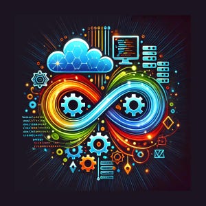Può includere: Un'illustrazione digitale vibrante con una nuvola, ingranaggi e un simbolo di infinito, il tutto in uno spettro di colori. Sono presenti anche un monitor di computer e rack di server. Il design suggerisce concetti di cloud computing e sviluppo software.